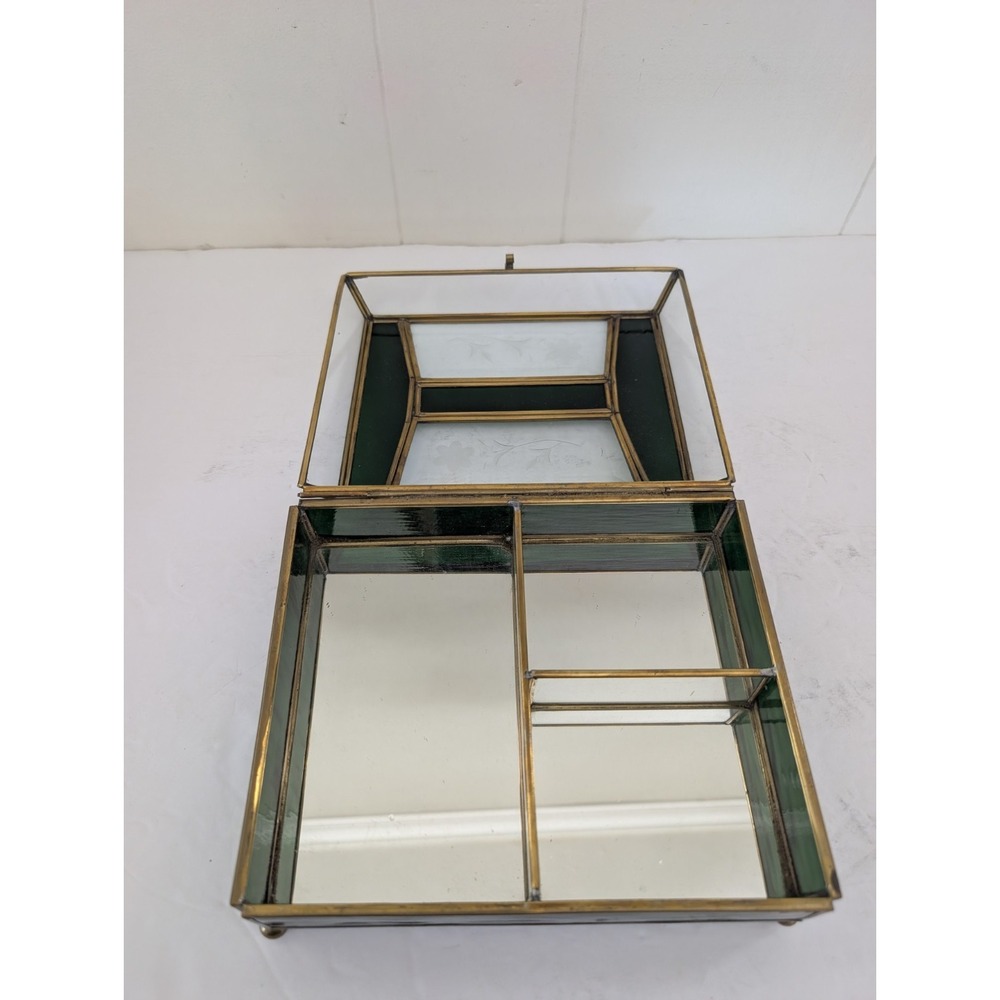 Jewelry Box Etched Floral Stained Glass Green Clear Vintage Glass Trinket FLAW - Picture 6 of 16